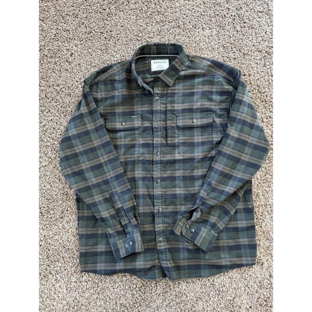 Poncho The Kodiak Plaid Olive Tan Flannel Long Sleeve Button Down Xl Regular